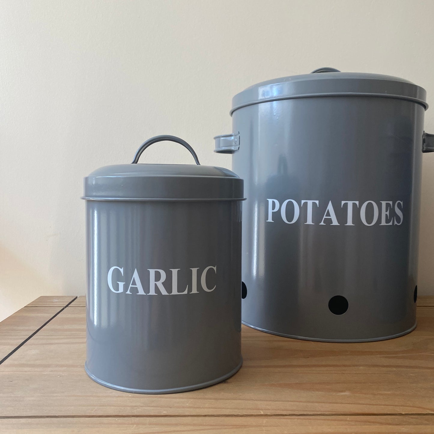 Set of 3 French Grey Kitchen Storage Tins for Potatoes, Onions and Garlic
