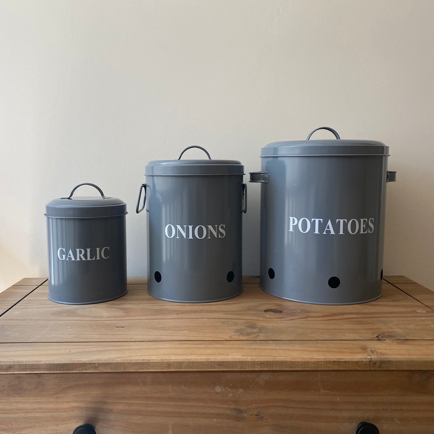 Set of 3 French Grey Kitchen Storage Tins for Potatoes, Onions and Garlic