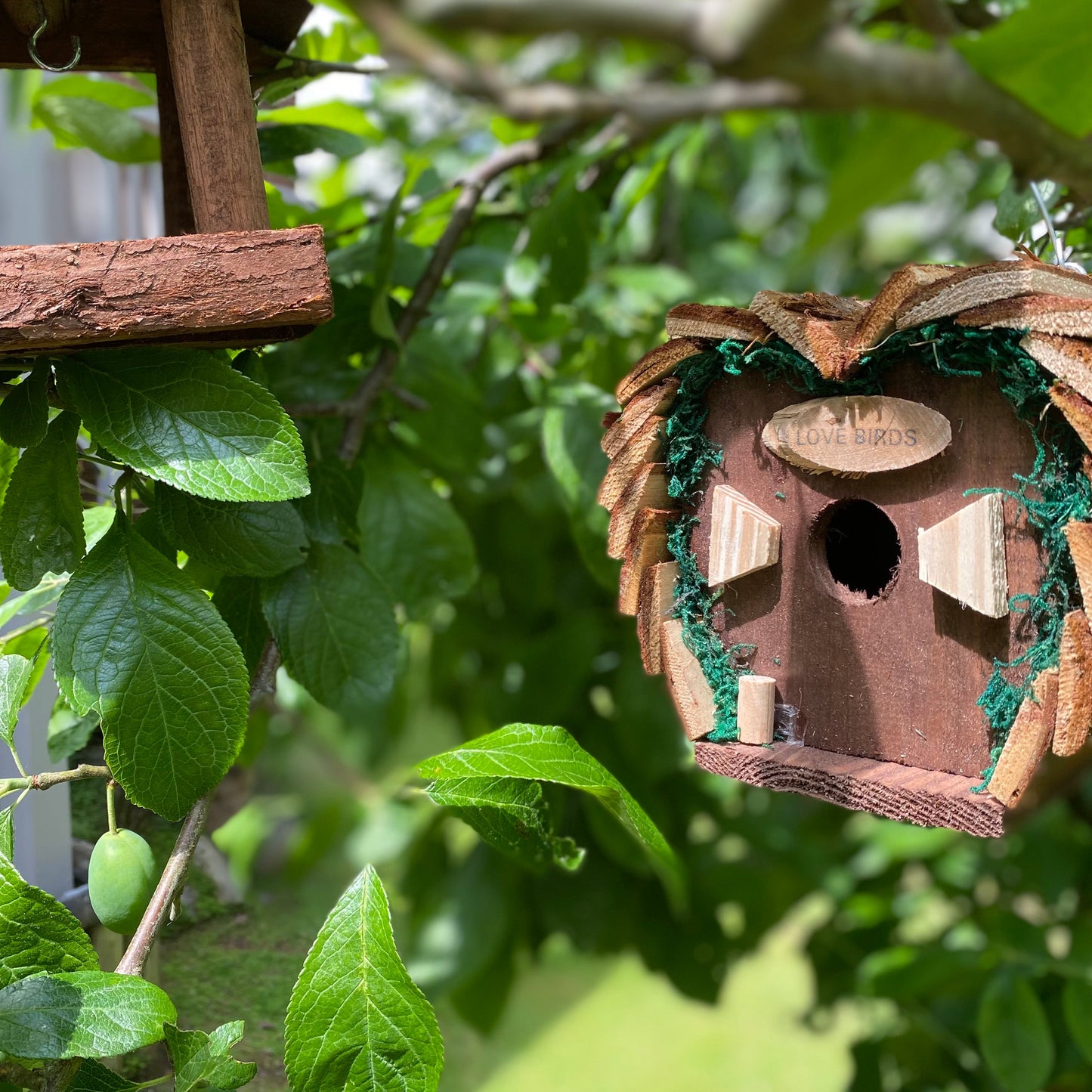 Wooden Bird Table, Love Bird Nest, Seed & Nut Feeder Set