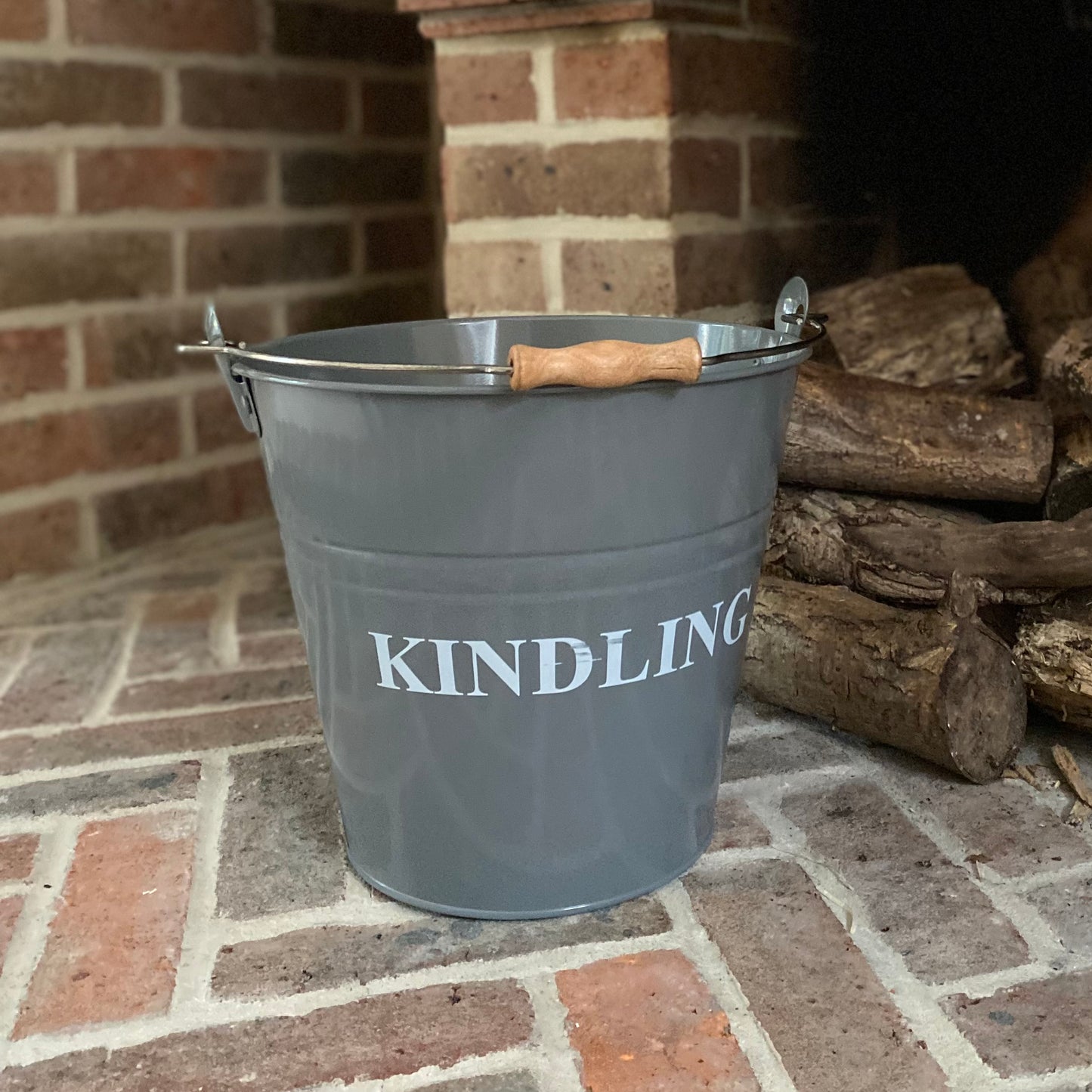 Large Metal Fireside Fireplace Kindling Bucket in French Grey
