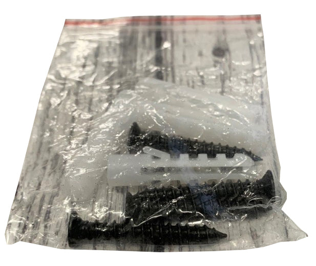 A set of four black screws in a clear plastic packaging with visible rawl plugs.