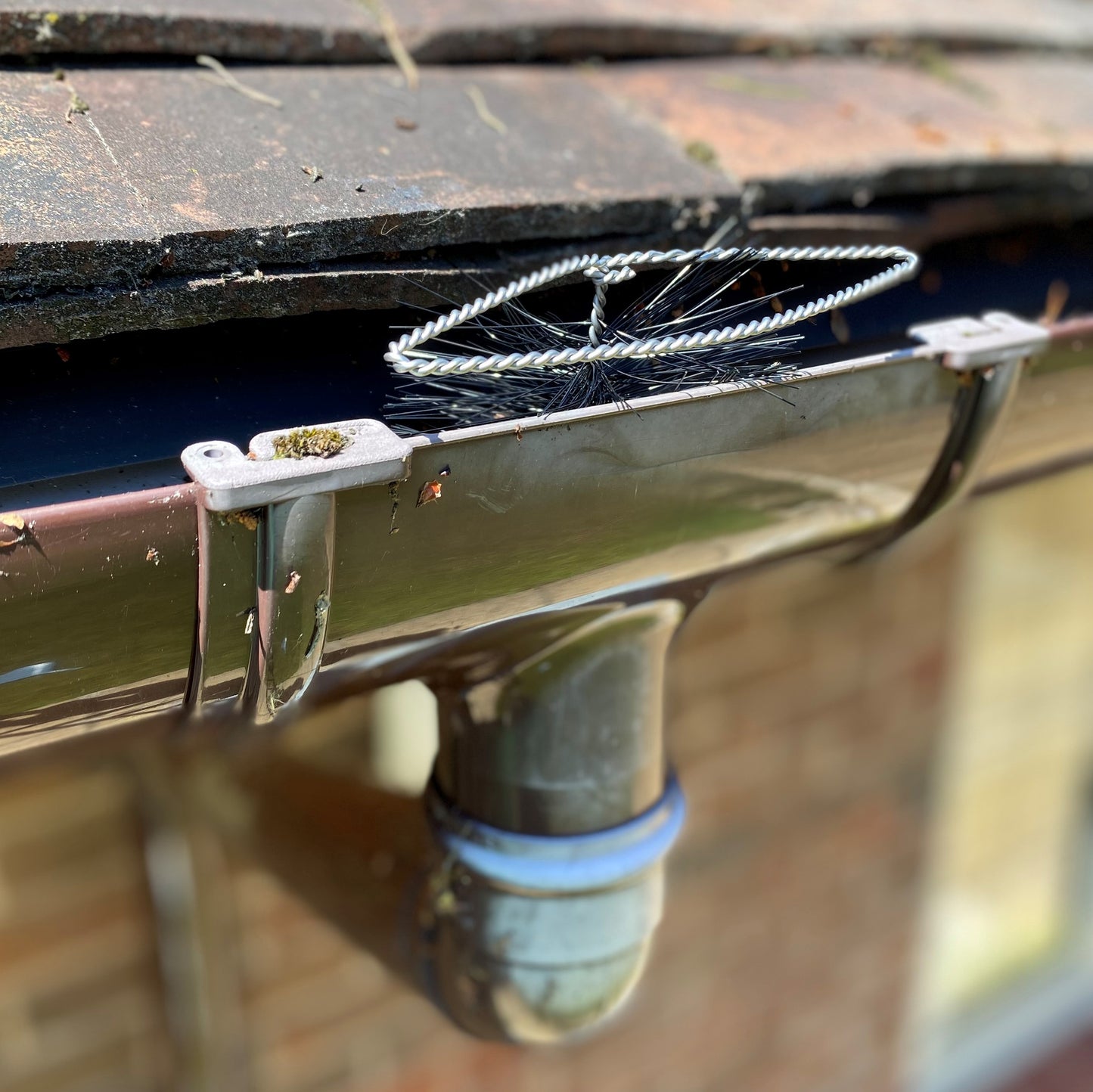 A black gutter guard plug installed at the top of a downpipe, made of nylon bristles and stainless steel wiring.