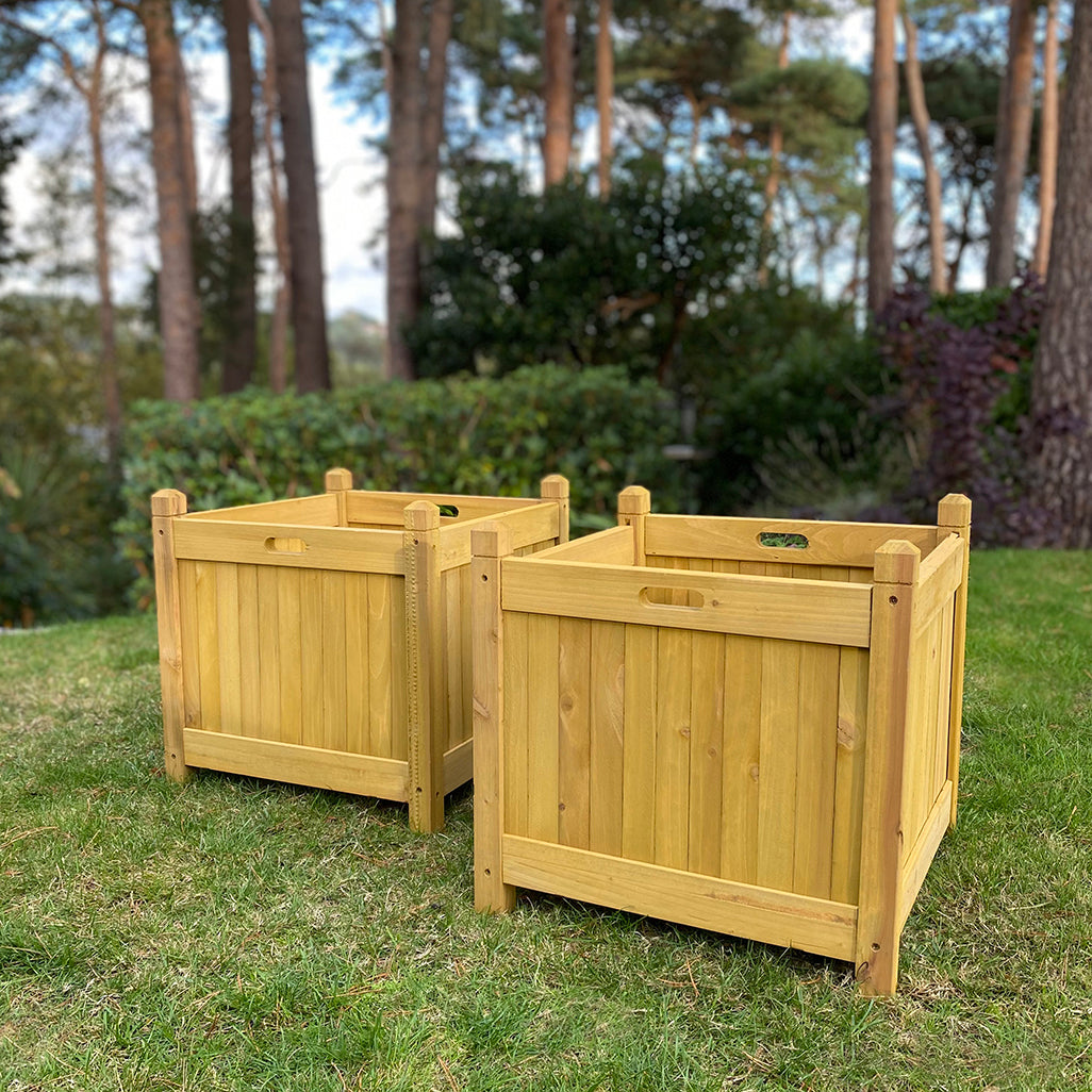 wooden garden plant pots Square Wooden Garden Planters in Tan