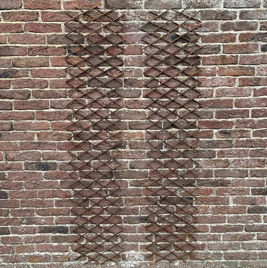 Two expanding willow trellises fixed on a brick wall, showing the expanded diamond-shaped pattern.