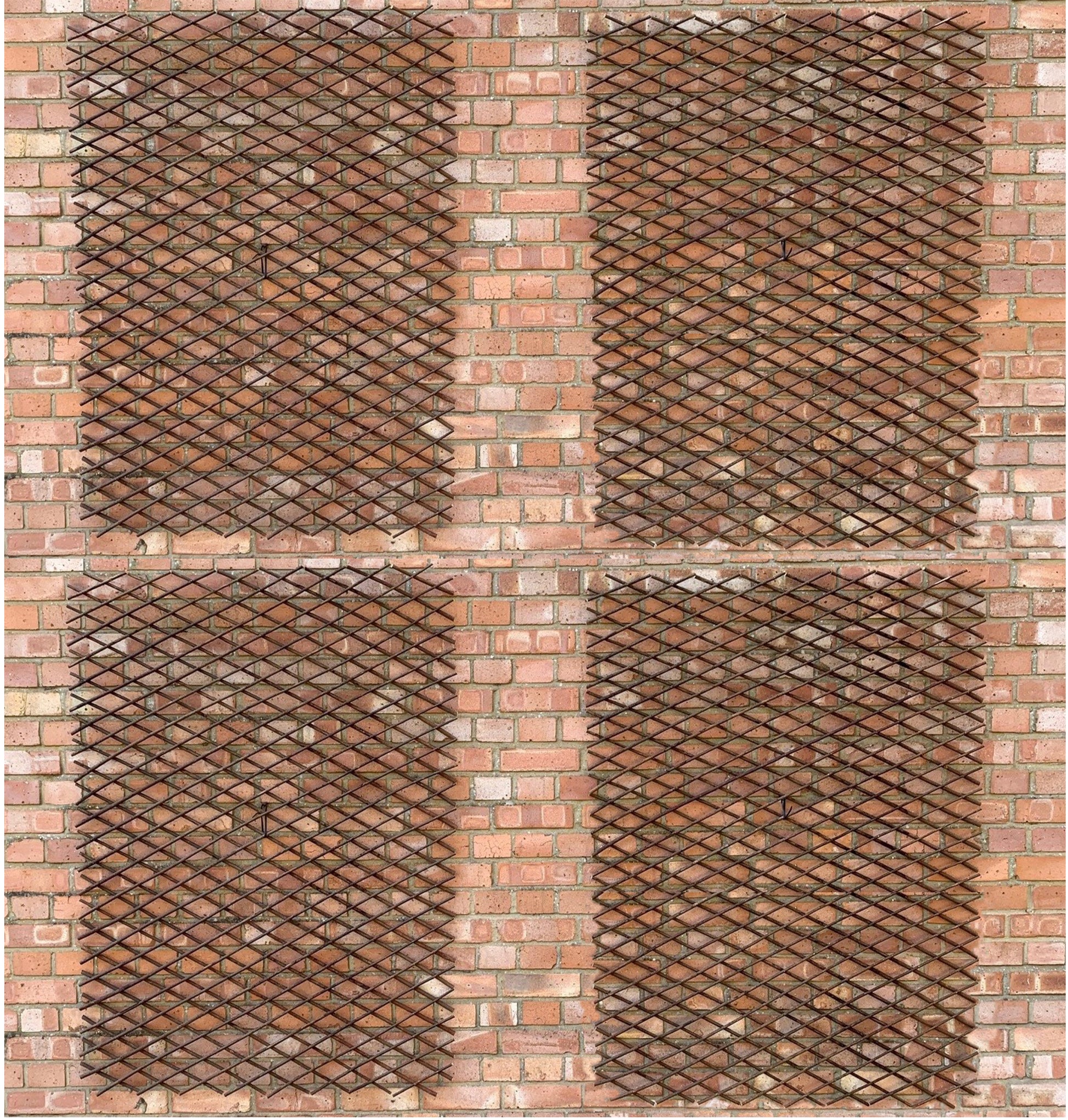 A set of four expanding willow trellises fixed to a brick wall, allowing for plant growth and support.