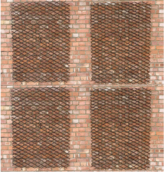 A set of four expanding willow trellises fixed to a brick wall, allowing for plant growth and support.