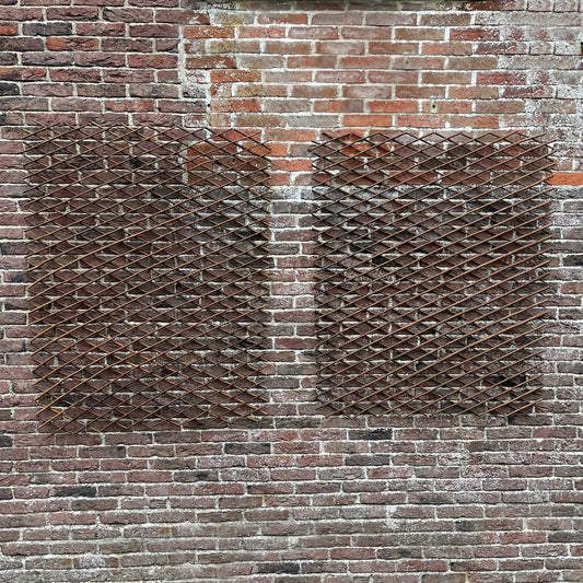 Two expanding willow trellises fixed to a brick wall, demonstrating their expanded state.