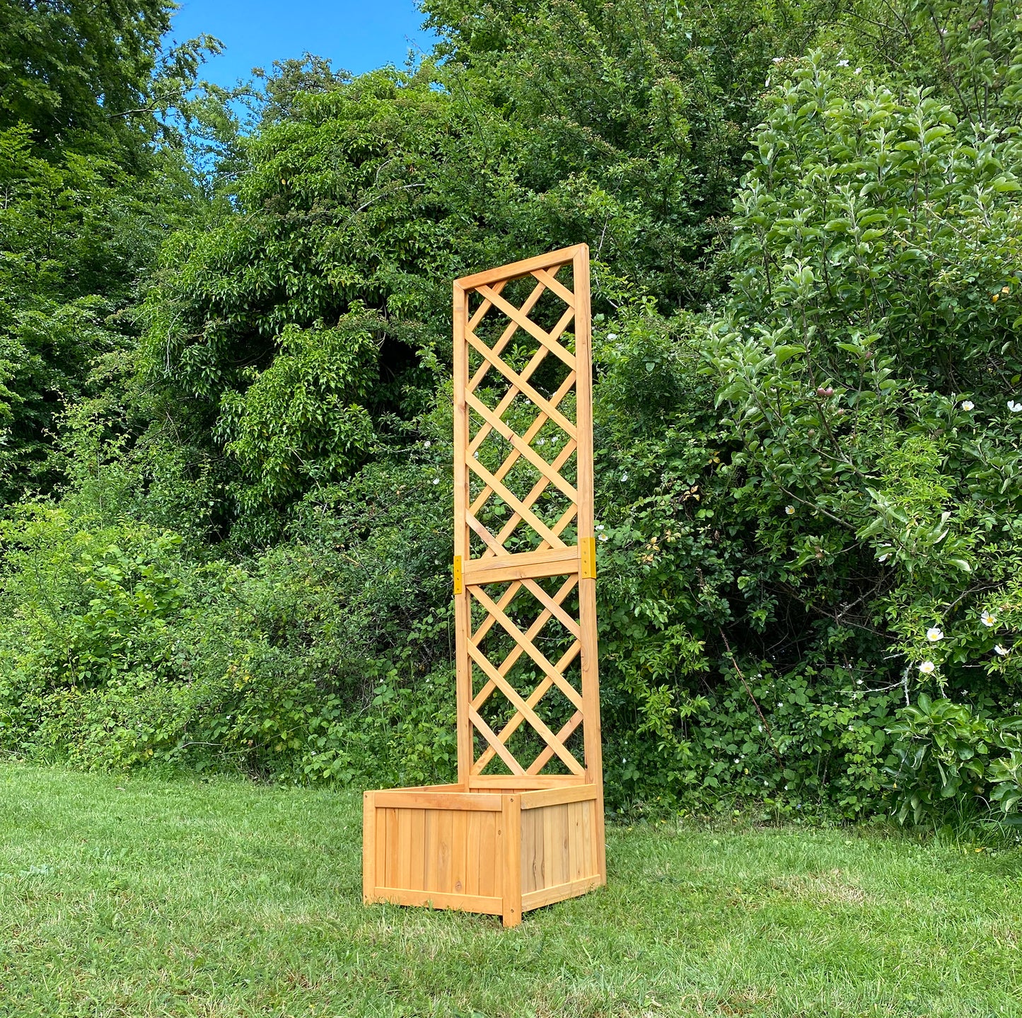 A wooden garden planter with a trellis structure placed against a lush green backdrop.