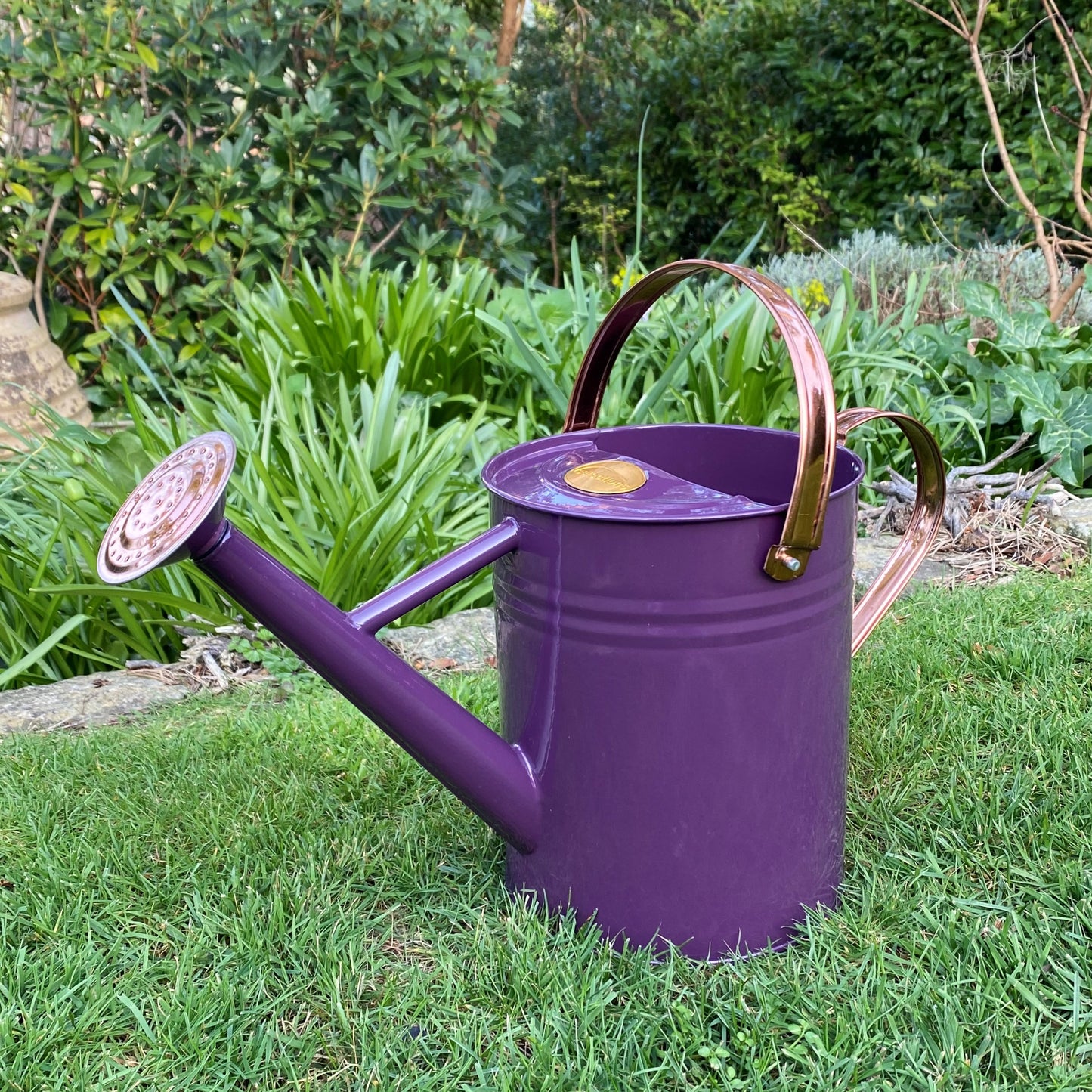 A purple heather and copper-colored metal watering can with a folding handle and detachable rose, placed on grass.