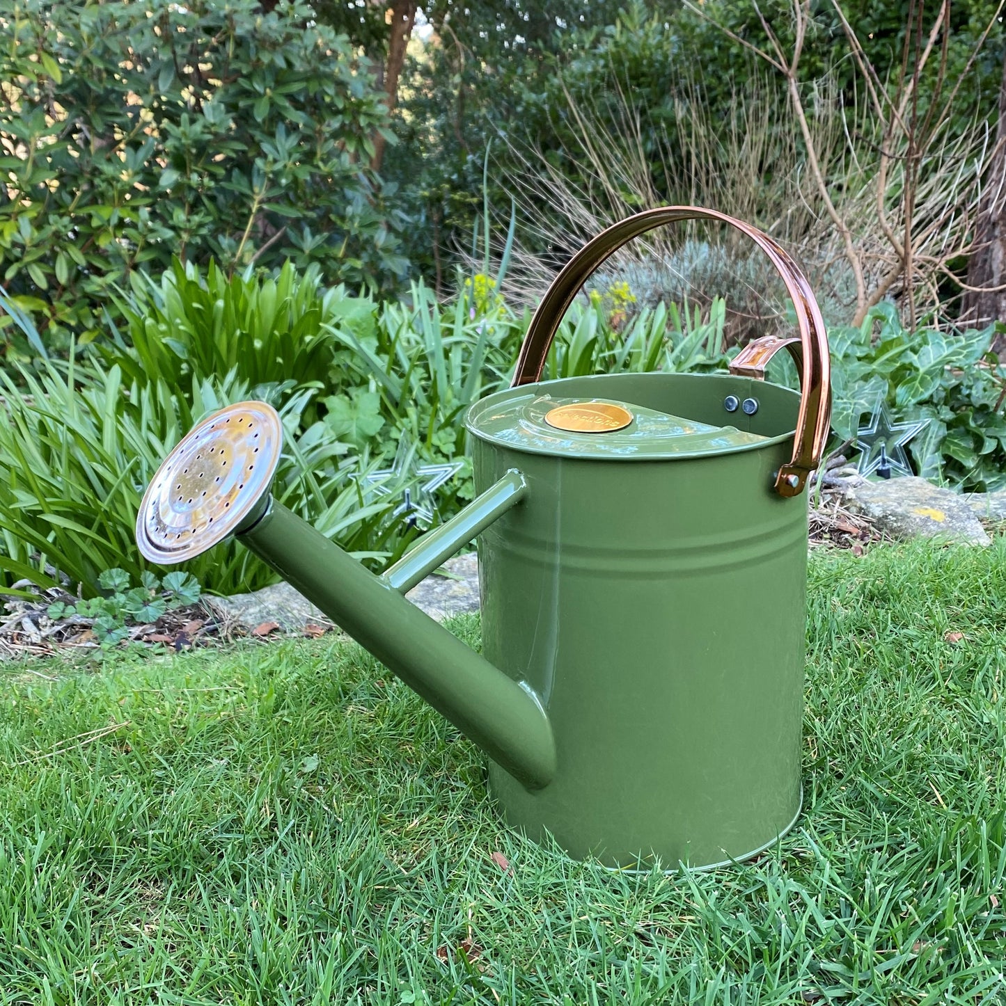A tweed green watering can with copper-colored handles and a rose, displayed on a grassy surface with plants in the background.