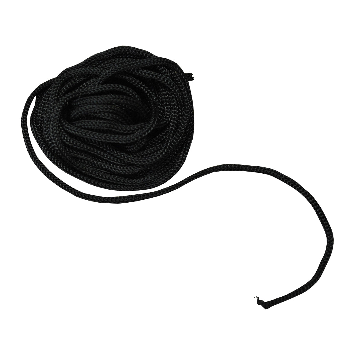 A coiled black nylon cord designed for securing garden furniture covers, displayed against a white background.