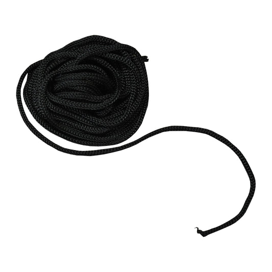 A coiled black nylon cord designed for securing garden furniture covers, displayed against a white background.