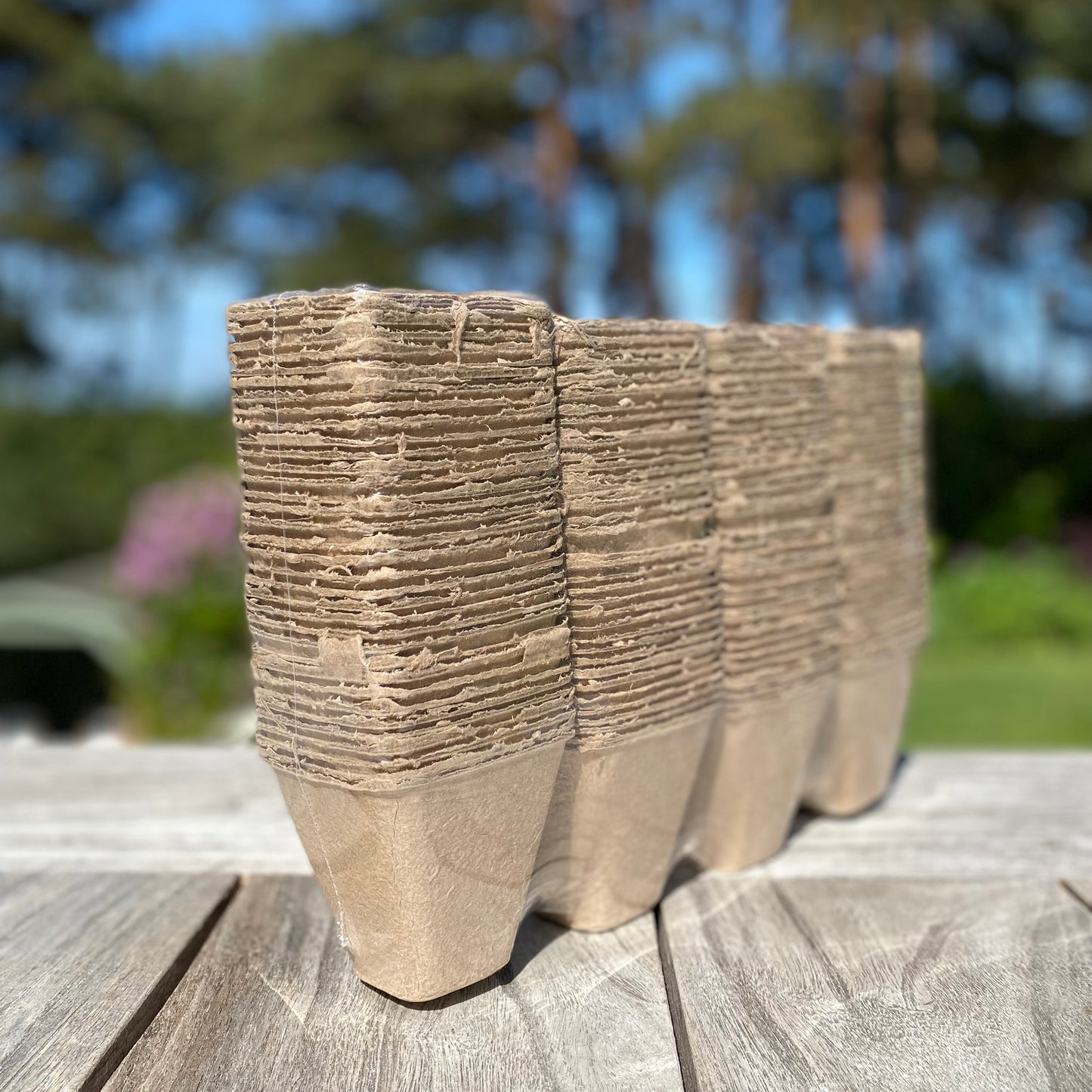 Stacked square biodegradable and compostable fibre plant pots on a wooden surface.