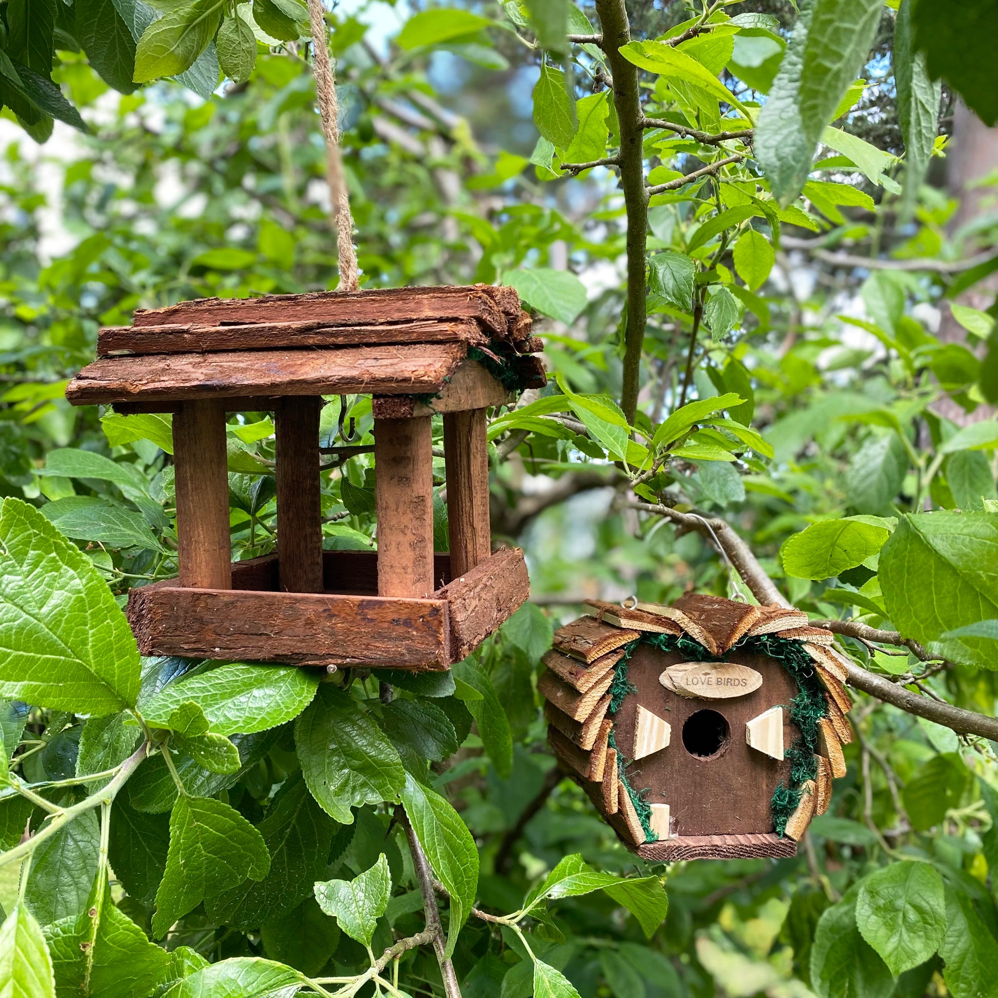A rustic style wooden bird table and love bird nest box set hanging in tree foliage.
