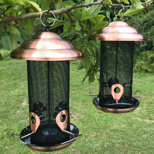 Two copper-colored metal bird feeders with mesh bodies and multiple feeding ports, hanging from a tree branch.