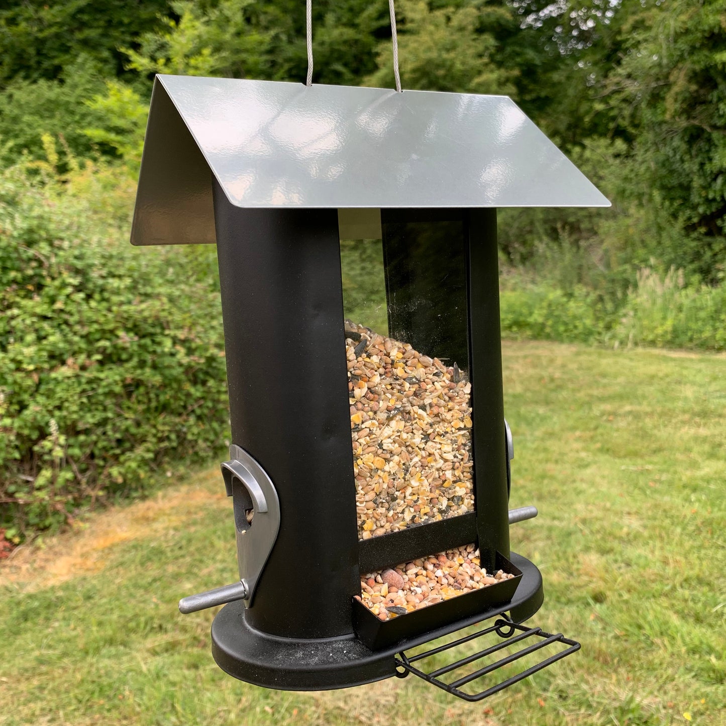 A black metal bird seed feeder with four feeding ports, hanging from a wire loop, filled with bird seed.