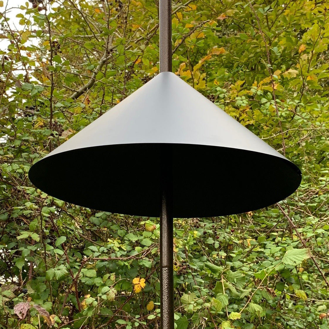 A metal wrap around squirrel baffle designed to prevent squirrels from climbing poles at bird feeding stations, shown installed on a bird feeder pole.