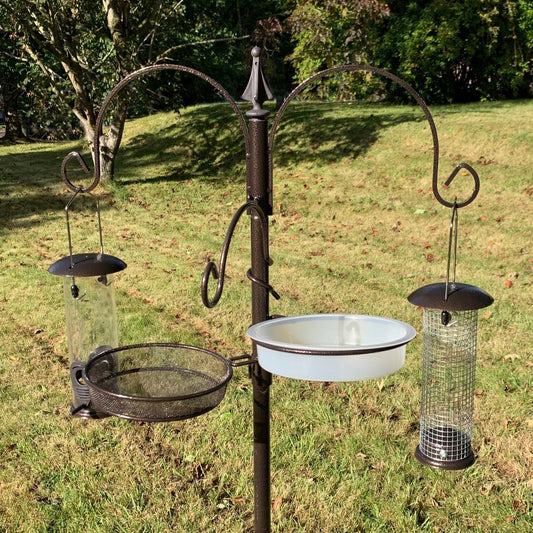 A metal bird feeding station with two feeders, a mealworm tray, and a water dish, standing on grass.