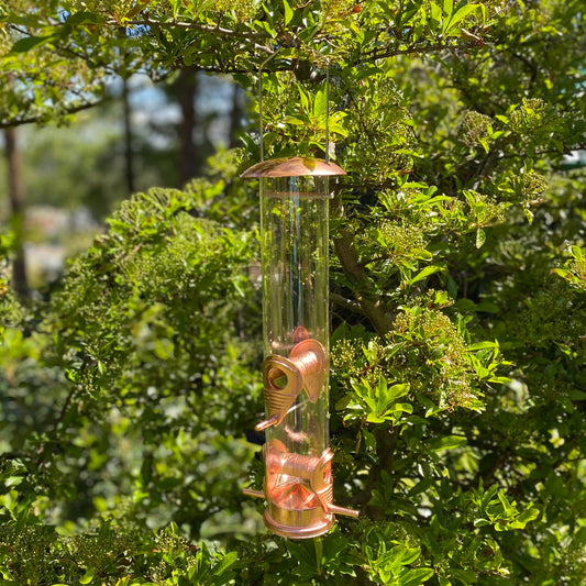 A copper style hanging bird seed feeder with 4 feeding ports, suspended in a green leafy tree.