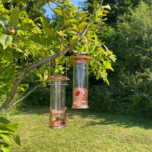 Two copper style hanging bird seed feeders with retractable lids, attached to a tree branch, set against a green leafy background.