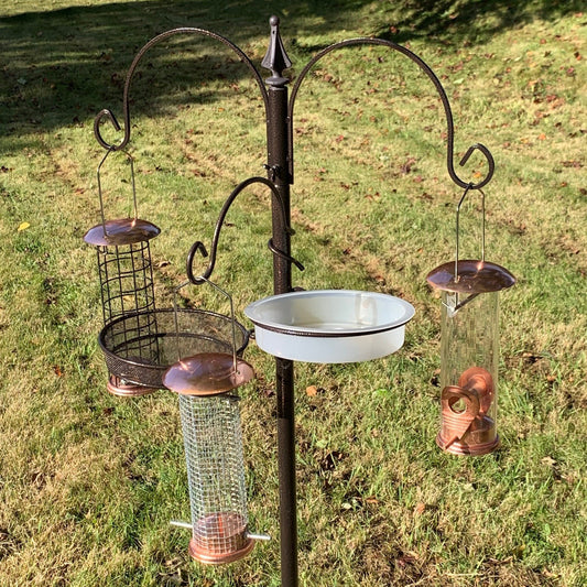 A metal bird feeding station with a bronze effect finish, featuring three copper-colored hanging feeders, a mealworm tray, and a water dish, set on a grassy surface.