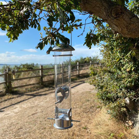 A silver aluminium bird seed feeder with multiple feeding ports, hanging from a tree branch in a garden setting.