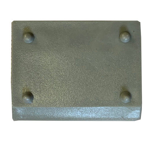 A silver-colored metal adjustment fixing for a garden table with two visible screw holes.