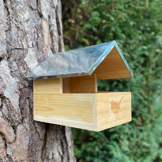 A wooden Blackbird nesting box with a metal skinned roof, mounted on a tree trunk. It has an open front design and a blackbird silhouette decoration on the front side.