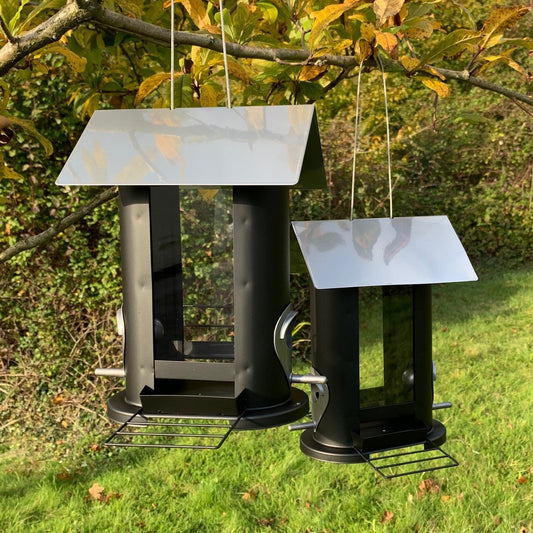 Two black metal bird seed feeders with round feeding ports and plastic windows, hanging from wires against a foliage background.