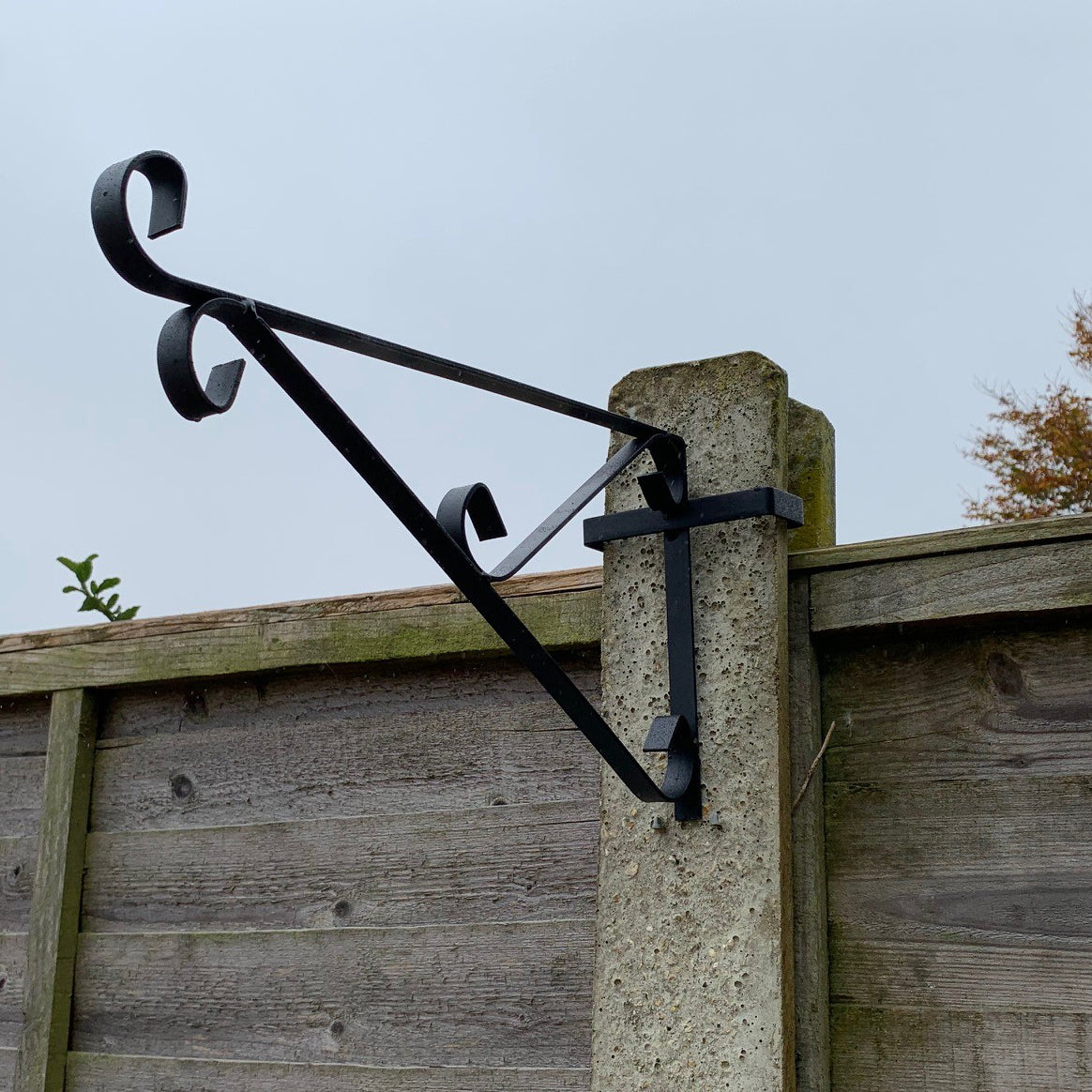 Ornate black painted steel hanging basket bracket attached to a concrete fence post.