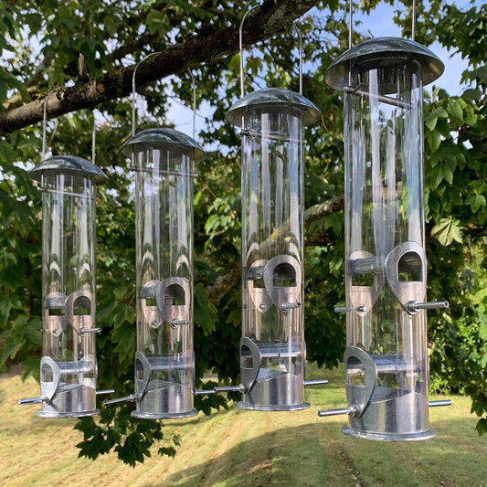 A set of four clear aluminium bird seed feeders with multiple feeding ports, hanging from a tree.
