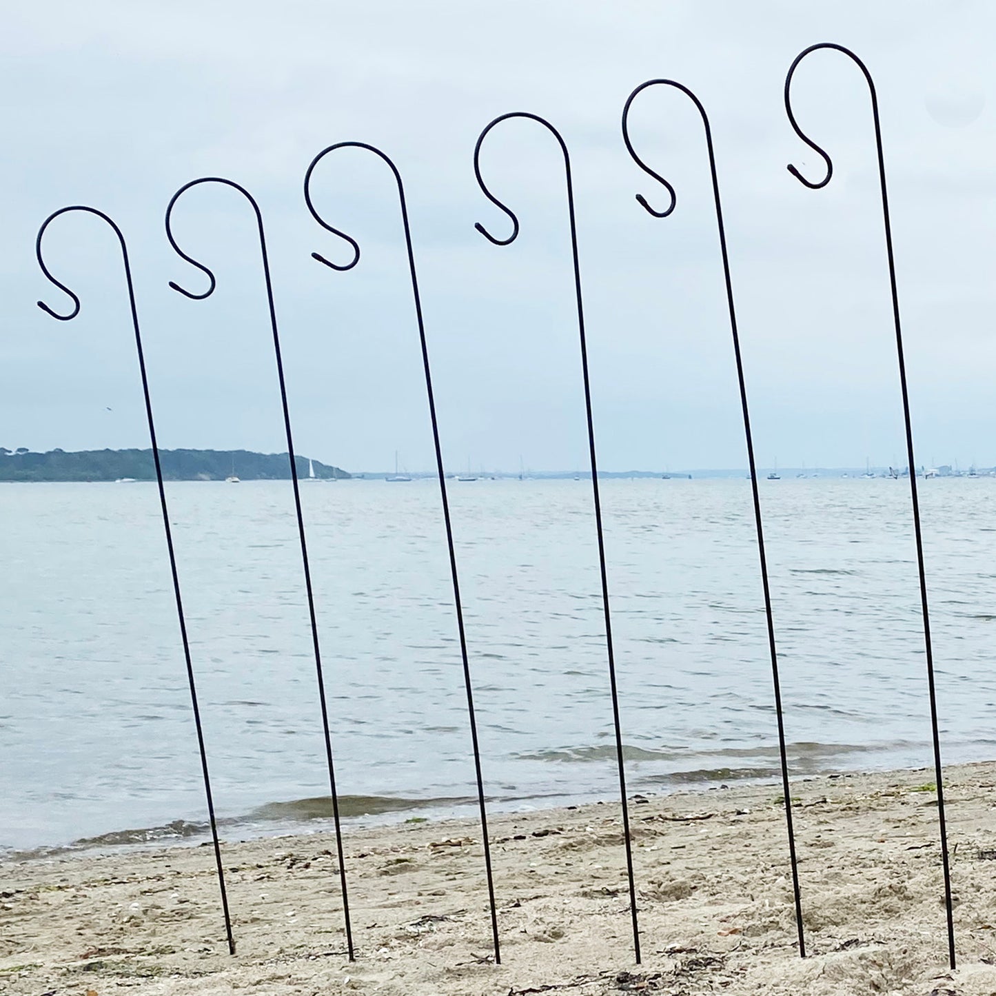 A set of six black metal garden border hooks standing upright on a sandy surface with a body of water and sky in the background.
