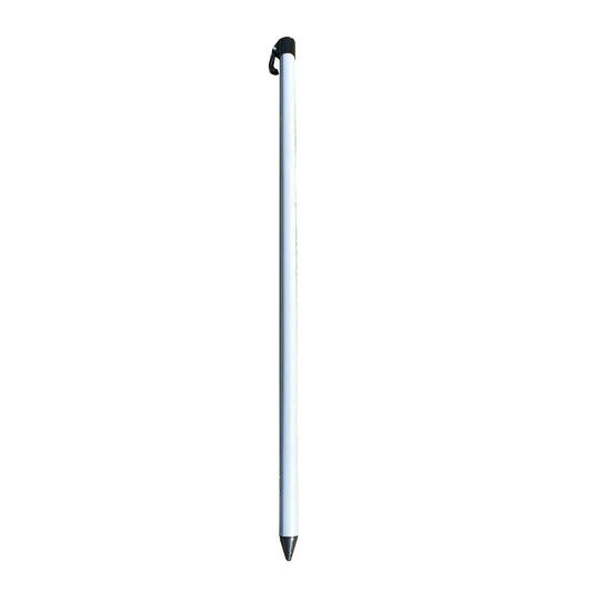 A light grey tubular metal replacement pole for a parasol, with a hook on one end.