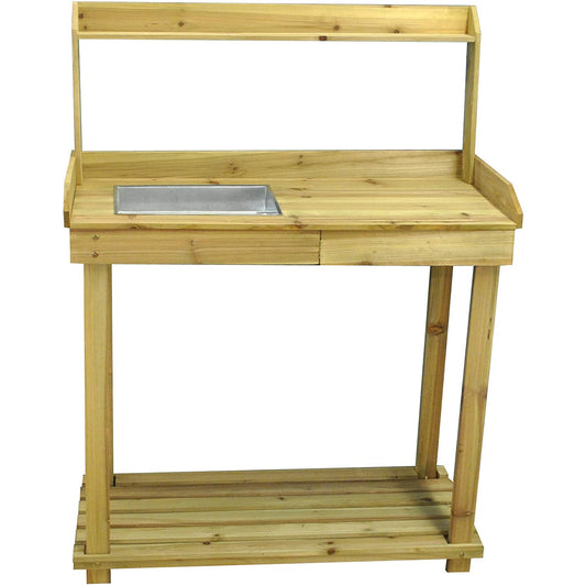 Wooden Potting Table with Drawer, Two Storage Shelves and Zinc Soil Holding Pan