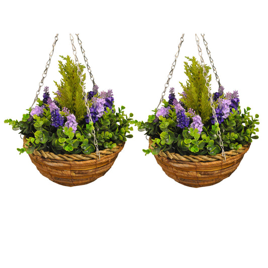 Artificial Lavender & Eucalyptus Topiary Hanging Baskets (25cm) - Pack of 2