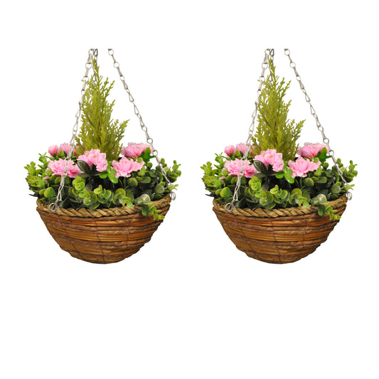 Artificial Azalea Topiary Hanging Baskets (25cm) - Pack of 2