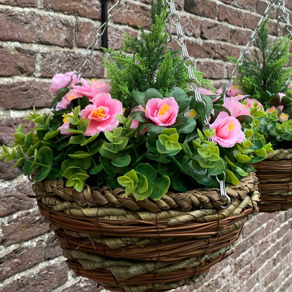 Set of 2 x Artificial Azalea Topiary Hanging Baskets (25cm)