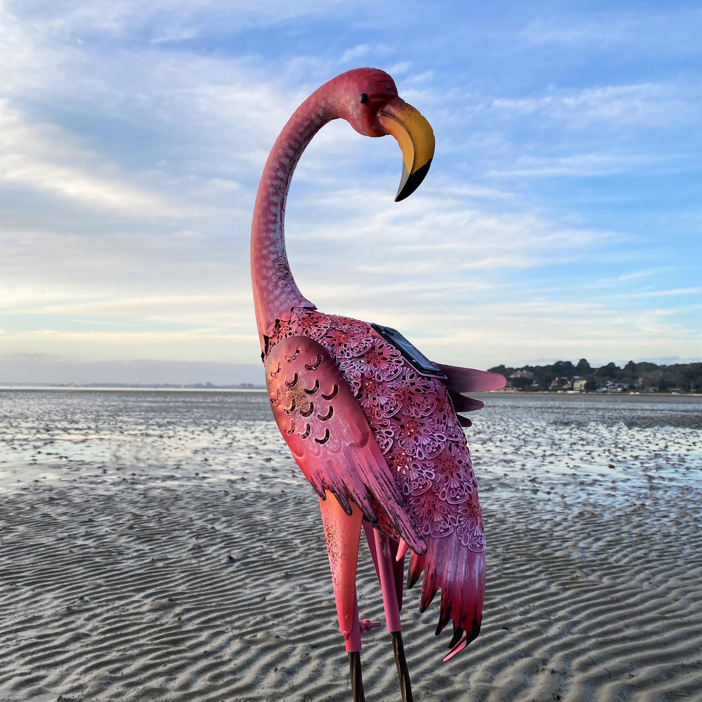 Preening Flamingo Solar Light Garden Ornament