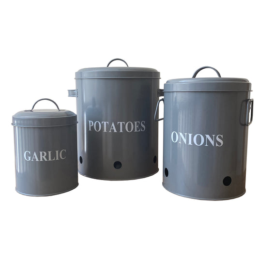 Set of 3  French Grey Kitchen Storage Tins for Potatoes, Onions and Garlic