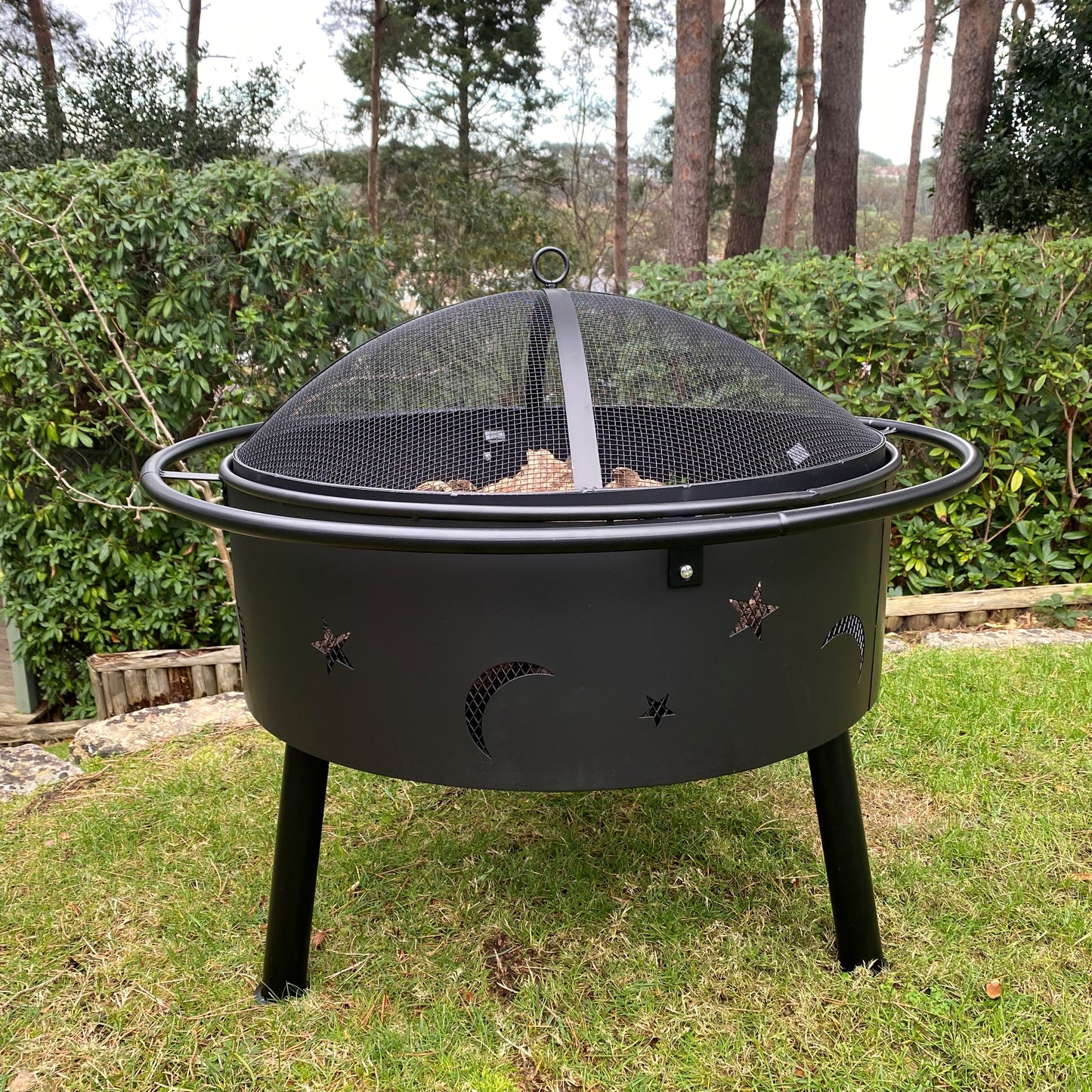 Star and Moon Fire Bowl with Grill, Safety Guard, Poker & Premium Cover