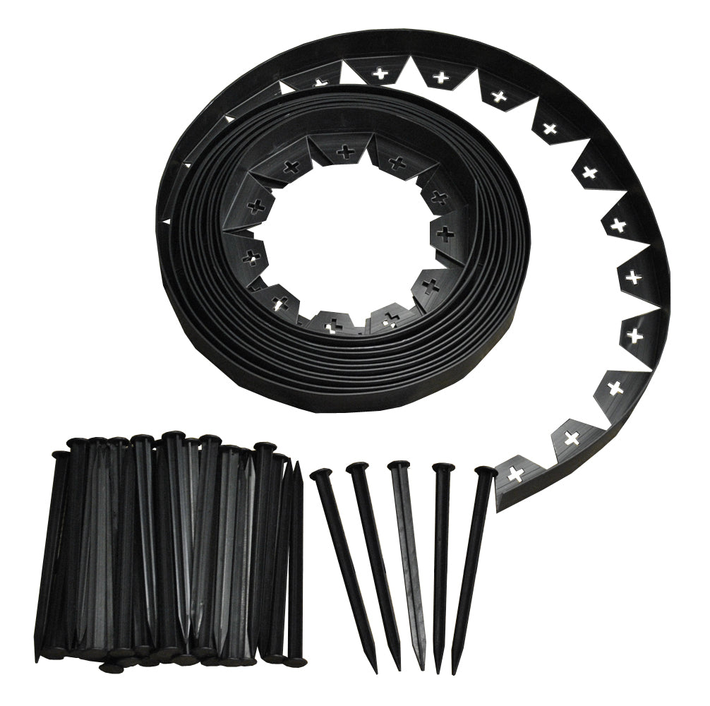 Flexible Black Plastic Garden Lawn Edging Roll with 40 Pegs (10m)