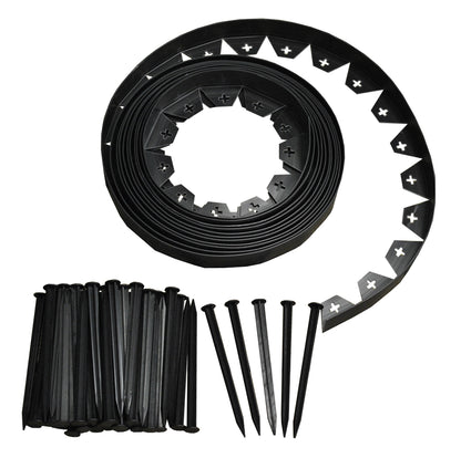 Flexible Black Plastic Garden Lawn Edging Roll with 40 Pegs (10m)