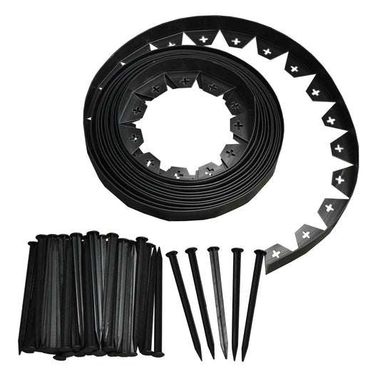 Flexible Black Plastic Garden Lawn Edging Roll with 40 Pegs (10m)