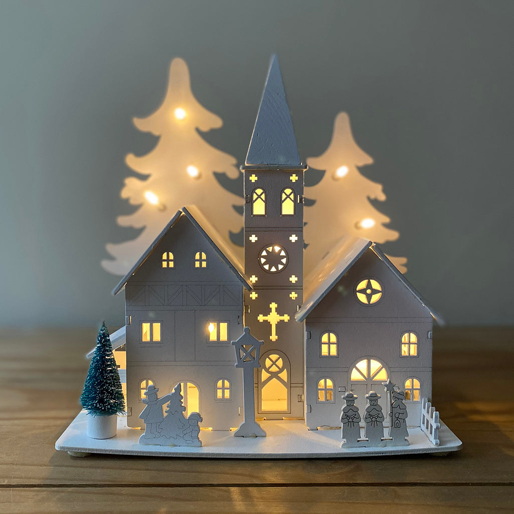 LED Alpine White Wooden Christmas Village