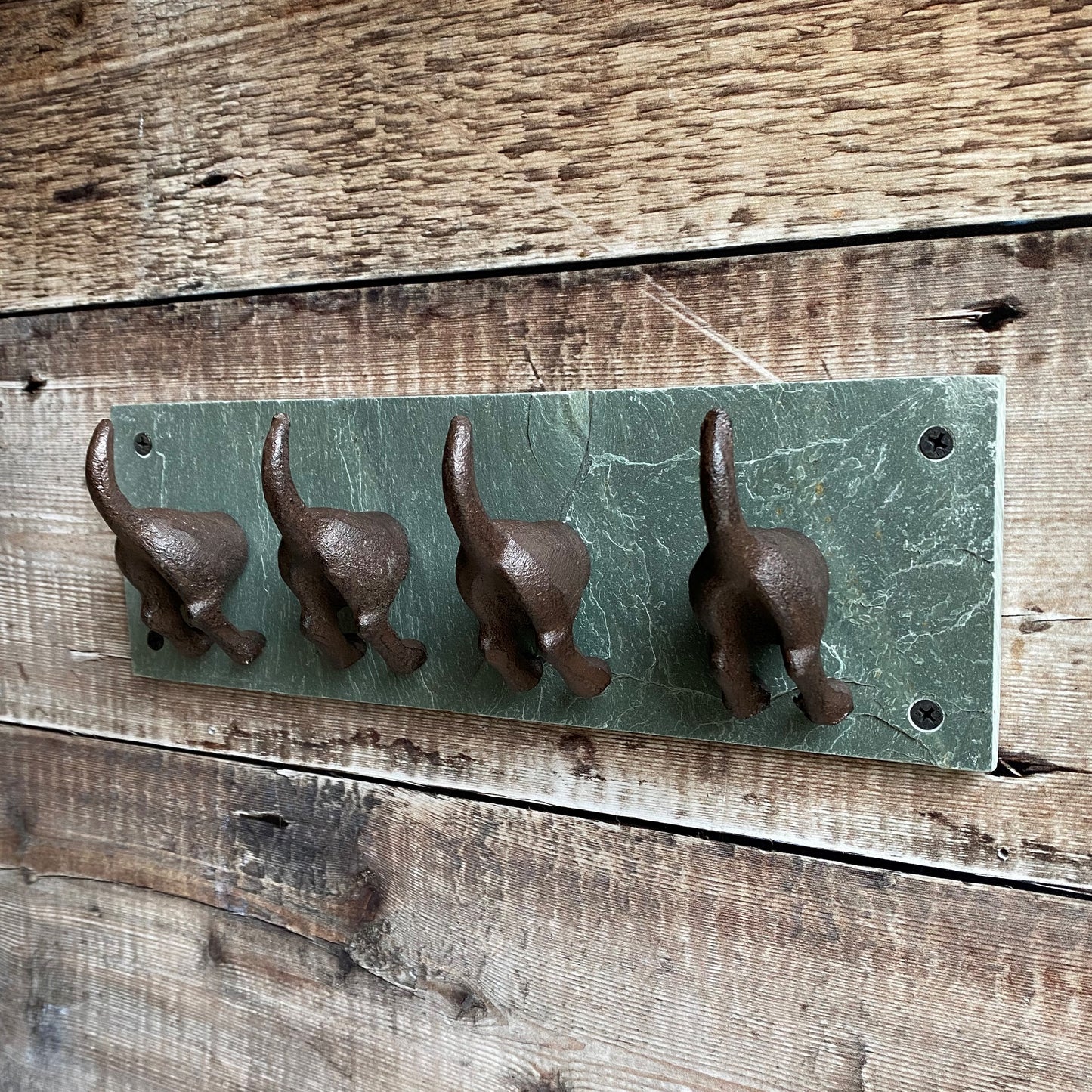 Cast Iron Dog Tail Wall Hooks On Wooden Backing By Garden