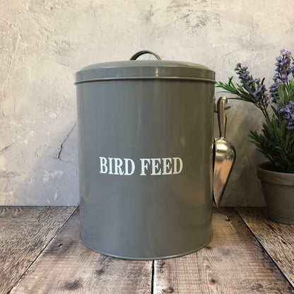 Wild Bird Feed Storage Tin in French Grey with Aluminium Food Scoop