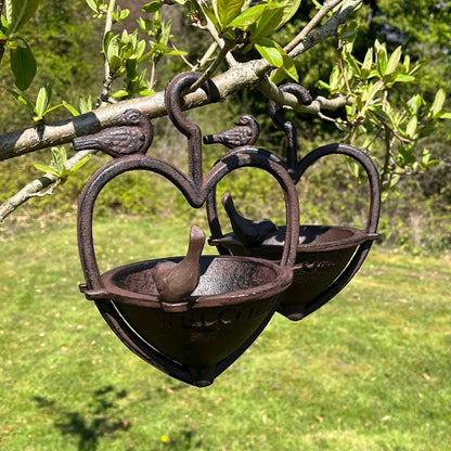 Vintage Hanging Bird Seed Feeder Cast Iron Heart Shape (Set of 2)