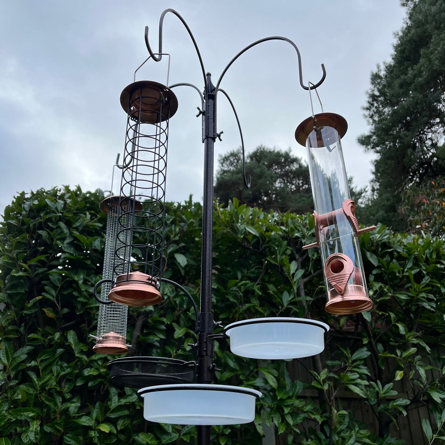 Deluxe Complete Metal Bird Feeding Station with Large Copper Style Feeders & Baffle
