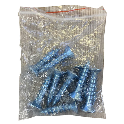 A pack of blue screws contained within a clear plastic bag.