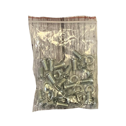 A clear plastic bag containing metal nuts and bolts.